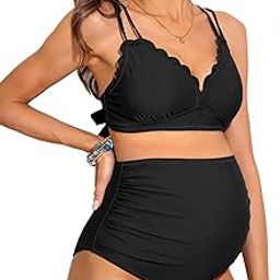 Maternity Bikini Wavy Two Piece High Waist Ruched Pregnancy Swimsuit Cute V Neck-image-77