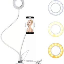 PHONIX USA Clip on Light Reading Lights - LED USB Book Clamp Light with 3 Color Modes, 10 Brightness Dimmer Kids Desk Lamp, 360 ° Flexible Gooseneck Bed Night Ring Light with Cell Phone Holder (White)-1
