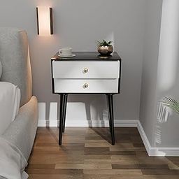 Ereteken ART Modern Bedside Table with Solid Wood Legs 2 Drawer End Table for Bedroom, Small Side Table with 2 Drawers, Night Stand, End Table with wooden legs for Bedroom, Living Room (Black & White)-15