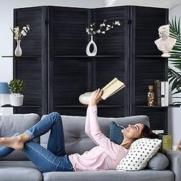 WoodCraftia Wooden Room Divider Partition - Foldable Wood Screen Separator for Living Room, Bedroom, Office, Restaurant || Patti Design 4 Panel with 3 Shelves (Black)-image-85