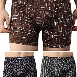 Men's 100% Cotton Printed Inner Elastic Long Trunk | Printed Long Trunk for Men | Color and Print May Vary | Long Trunk for Men Pack of 3-21