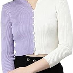 Women's Knit-Rib Acrylic Cardigan Color Block Button-Up Crop Top DN 10034-image-25