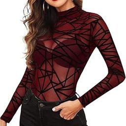 Women's Trending Pattern Mesh Bodysuit, Long Sleeve Mock Neck, Black-image-70
