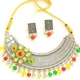 Oxidised Silver Traditional Necklace Set with Multicolored Beads, Kundan Style Pendant, Earrings, 20 cm Length-image-3