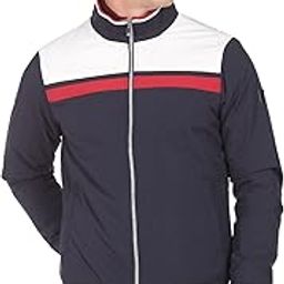 Men Navy High Neck Colour Block Bomber Jacket-image-3