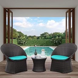 DEVOKO 3-Piece Outdoor Rattan Wicker Patio Set for Garden, Lawn, Poolside, Terrace, Balcony (Dark Brown & Sky-Blue)-image-56
