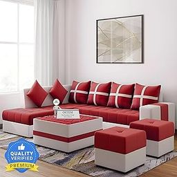OXTEM ; The Furniture World L-Shape 7-Seater Fabric Sofa Set with Tea Table & 2 Puffy | Seating Capacity: 9 Persons | Pre-Assembled (Red)-image-84