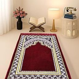 Setia Living Velvet Musallah Janamaz Sajjadah Mat 2x4 Feet - Islamic Prayer Mat for Muslims - Soft Meditation/Asan/Multipurpose Rug Travel Namaz Sajdgah Mat for Men & Women, 27 x 44 Inches, Red1-image-96