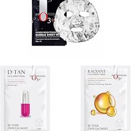 O3+ Power Brightening Bubble Sheet Mask for Deep cleansing and glowing skin & O3+ Facialist Dtan Face Sheet Mask With Niacinamide reduced dark spots, acne scars, and discoloration while giving ultimate brightening & O3+ Facialist Radiant Face Sheet Mask for Oxygenates and tightens pores to reduce uneven skin tone (30g)-56