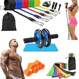 Sowlara- Home gym combo Full body workout combo | Resistance band tubes ,Double Ab wheel roller ,latex band mini loop bands and Finger gripper | 100+ Full body exercises in Home workout equipment set (4 in 1pack) (Unisex)-14