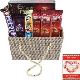 SFU E Com Chocolate Gift Hamper With Handle Basket | Valentine Chocolate With Love Greeting Card | Valentine Chocolate Hamper | 828-16