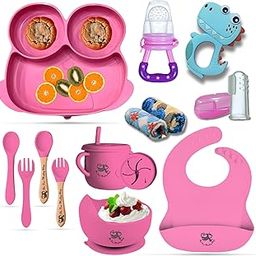 Poor-Monkey-Shop 15 Pc Baby Feeding Set | BPA-Free Food-Grade Silicone | Bib, Owl Shaped Suction Plate, Suction Bowl, Forks & Spoons, Cup, Fruit Feeder, and Much More | Safe for Babies & Toddlers-17