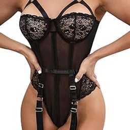 Sexy Black Lace Mesh Lingerie Bodysuit for Women – Strappy Bustier Teddy with Garter Belts-image-36