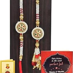 Rakhi for Brother and Bhabhi Combo - Premium Kundan Pearl Rakhi Set of 2 with Greeting Card and Tikka - Lumba Rakhi for Bhaiya Bhabhi - Rakhis for Rakshabandhan Couple-46