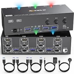4K@144Hz HDMI KVM Switch 3 Monitors 3 Computers, HDMI+2 Displayport KVM Swticher Support 8K@30Hz, with 4 USB 3.0 Hub for Keyboard Mouse Printer, Support Extended Mode-7
