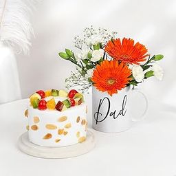 IGP - Blooms and Frutiicious Cake Hamper with White Ceramic Mug 300mlI and GerberasIGypsoISpray Carnation Flowers |Exotic Fruit Fusion Mini Cake Can also be gifted for Dads BithdayFor Father's dayI Mothers DayI Valentine's dayI House WarmingI Party or Return Gift-image-10
