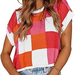 Womens Cap Sleeve Crop Tops Summer Color Block Going Out Crew Neck Knit Trendy Casual Sweater-image-64