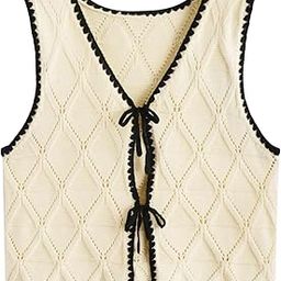 Women's Old Money Bow Tie Crochet Sweater Vest Contrast Binding Knot Front V Neck Knit Top-picture-5