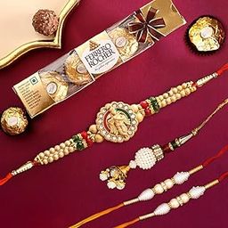 CraftVatika Rakhi Set of 4 for Brother and Bhabhi Kids with Chocolate Gift Hamper, Rakhi with Ferrero Rocher Chocolate, Krishna Lumba Pearl Rakhi for Bhai Kids Bhaiya,-24