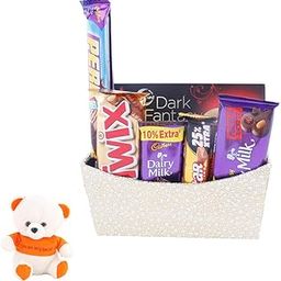 SFU E Com Tasty Chocolate Hamper With Golden Wooden Basket | Valentine Love Teddy Bear With Chocolate Combo | Valentine Chocolate Hamper | 233-56