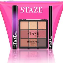 Staze 9to9 Extra AF Eyes Trio 3 in 1 Makeup Combo with FREE Neon Pouch | MakeUp Kit with Tubing Mascara, Eye Liner & Eye Shadow Palette | 12 Hrs Long Lasting Matte Finish Look | Transfer-proof, Smudgeproof & Waterproof | Mix of Matte & Shimmer Eyeshadows | Bridal Makeup Gift Kit for Women & Girls | 17g-11