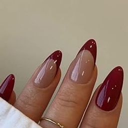 Set Of 14Pc, Press-On Short Almond Glossy Maroon & Pink Base French Tip Nail Extensions With Free Glue Kit-17