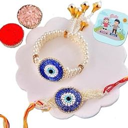 TCS Evil Eye Rakhi & Lumba Set for Bhai & Bhabhi with Roli Chawal, Tika Stick and Greeting card Rakhi Combo in Elegant box-image-56