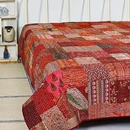 Handycraft India Patchwork Kantha Quilt, Throw Handmade Silk Patola Kantha Bed Cover, Handcrafted Bedding Bedspread,Vintage Hand Stitch Gudri, Red (King 108 x 108)-image-59