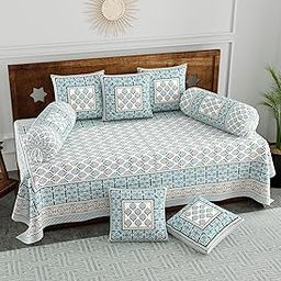 BLOCKS OF INDIA 200Tc Diwan Set Cotton 8 Piece | Deewan Printed Bedsheet Sets For Living Room Hall (Set Of 8 Piece, 1-Bed Sheet | 2-Bolster Cover | 5-Cushion Cover (Color 20, Multicolor)-6