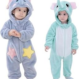 Swissberry Baby Romper/Swaddlers in Animal Style | Stylish & Cute Outfit for Baby Boys & Girls | Cozy, Soft & Comfortable Animal Theme Dress(Pack of 2)(Grey Elephant-Sea Green Elephant, 6-12)-image-1