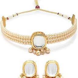 Golden Pearl Beaded Polki Kundan Choker Necklace Set for Women-image-6