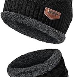 Mens Sports Winter Beanie Hats Scarf Set Warm Knit Hats Skull Cap Neck Warmer with Thick Fleece Lined Winter Hat & Scarf (2 Piece Combo)-image-6