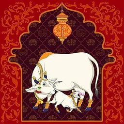 WALLP ® Decorative Wall Art, Canvas Print, White Holy Cow with Traditional Ornaments, (12 In x 12 In) Art For wall Decoration, Home, Office, Living Room, Bed room Wall Art-16