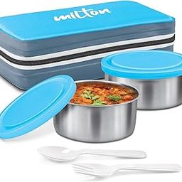 MILTON New Mini Lunch Box with Insulated Fabric Jacket, 2 Containers (2 Stainless Steel 280 ml Each, Spoon & Fork), Leak-Proof Tiffin for Office, School, College, Cyan-30