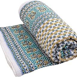 SVT Traditional Famous Jaipuri Beautiful Floral Print in White and Blue Jaipuri Rajai/Razai/Quilt Double/Double Bed Quilt/Comforter/AC Quilt/AC Comforter-image-11