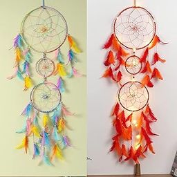ILU® Dream Catcher With Lights, Wall Hangings, Crafts, Home Décor, Handmade For Bedroom, Balcony, Garden, Party, Café, Decoration, Wedding, Decorative, Orange & Red and Pastel Feathers (17cm Diameter)-image-27