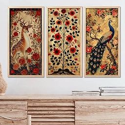 kotart Traditional Indian Art Pichwai Wall Décor Frames | Wall Hanging Frames | Painting for wall Decoration Set of 3 (10X19 INCH, B)-22