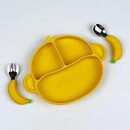 PRECHANA Suction FeedingPlates for Babies, Silicone FeedingPlates with Suction Divided, Babies Spoon Fork Set for Toddler Baby Dishes Kids (Monkey)-picture-19
