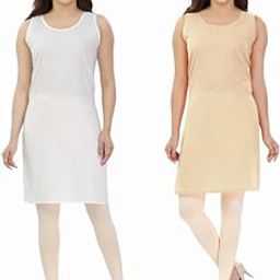 Women's Cotton Rich Camisole Slips - Pack of 2 | Soft & Breathable Half-Length Kurti Slips | Lightweight Knee-Length Suit Slip/Camisole for Comfort & Style |White&Skin|-image-72