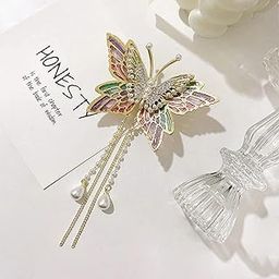 Ashkash 1 Pcs Colorful Butterfly Rhinestone Hair Clip with Pearl Tassel, Medium Fairy Butterfly Metal Hair Duckbill Pin Girlish Hair Accessories-50