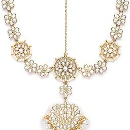 Gold Plated Floral Pearl Beads Kundan Mathapatti for Women-image-25