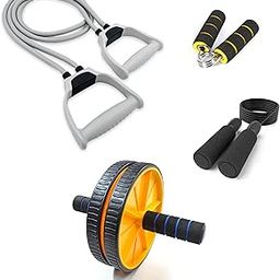 LIVOX Home Gym Exercise Equipment Combo Set for Men and Women Gym Kit, Pack of 4 (Double Toning Tube Resistance Band, Abs Wheel Roller, Hand Gripper and Skipping Rope)-image-67