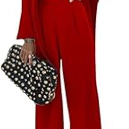 Summer Red Two-Piece Cord Set Wide-Leg Trouser Long Sleeves Top Elegant Pant Suit for Women-14