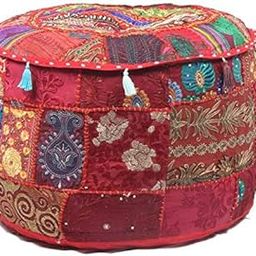 Sophia-Art Indian Embroidered Patchwork Cover Indian Decorative Pouf Indian Comfortable Floor Cotton Cushion Ottoman Pouf,Indian Designs Ethnic Patchwork Pouf (Red, 18"x13")-image-6