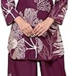 Women's Floral Print Cotton Co-ord Set, Button-Down Shirt with Palazzo Pants, (IN, Alpha, 2XL, Wine)-image-42