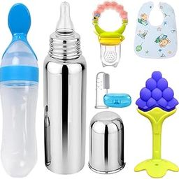 Drisona Baby Fruit Feeder Pacifier with Rattle (1 Pcs) with 1 PCS Silicone Food Dispensing Spoon 90ML and 1 pcs Fruit Teether 1pcs Finger Brush 1 pcs Baby bib 1 pcs Steel Bottle 240 ML(Blue)-5