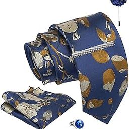 Tie for Men – Dotted Silk Neck Ties Set with Cufflinks Flower Pin, Pocket Square & Black Gift Box, Combo Necktie Sets for Office Wear, Formal Suits & Weddings (Deep Navy Blue, NXPLX_25)-image-125