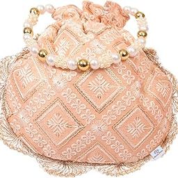 Potli | Silk Fabric Zig Zag Embroidery Potli | Heavy Zari Work Potli | Traditional Indian Beads Drawstring Bags for Wedding | Shagun | Peach-image-40