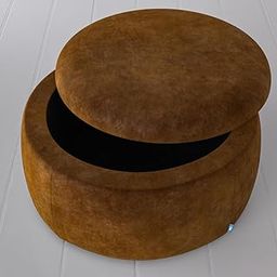 Woodilla Ochre Velvet Round Storage Ottoman With Removable Lid - Coffee Table for Living Room, Centre, Tea, Farmhouse, Wood Drum (Brown)-image-2