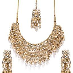Gold Tone Kundan & Pearls Bridal Choker Necklace Set For Women-ZPFK8454-image-53